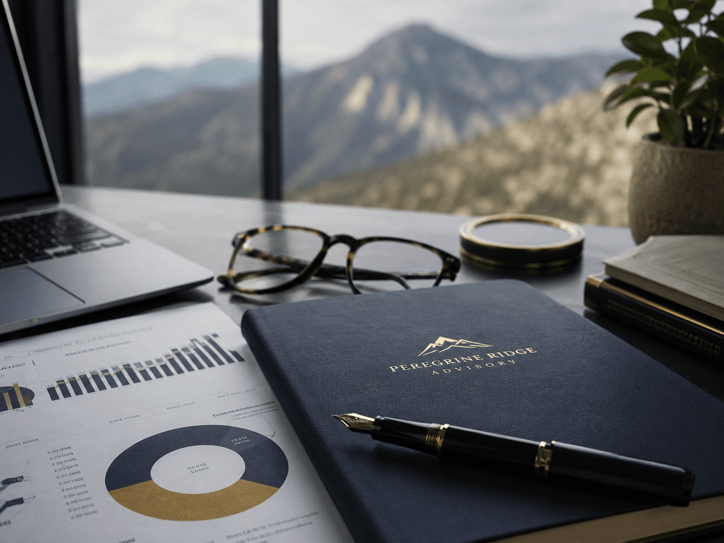 Branded Peregrine Ridge advisory notebook with financial charts, fountain pen, laptop, and mountain view.