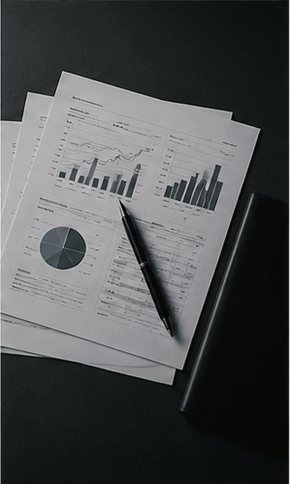 Business reports, charts, and a pen arranged on a dark executive desk.