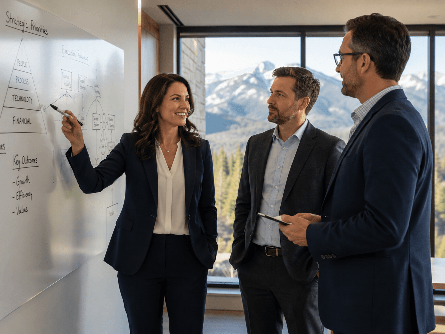 Growth-stage leaders discussing strategic priorities, execution roadmap, and value outcomes at a whiteboard.