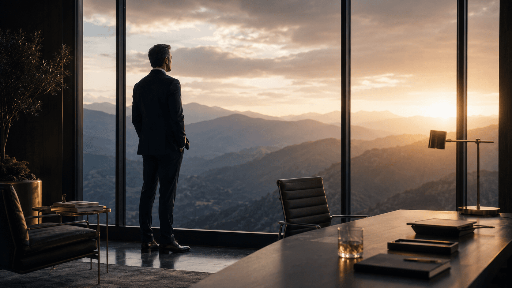 Premium boardroom with mountain view at sunrise.